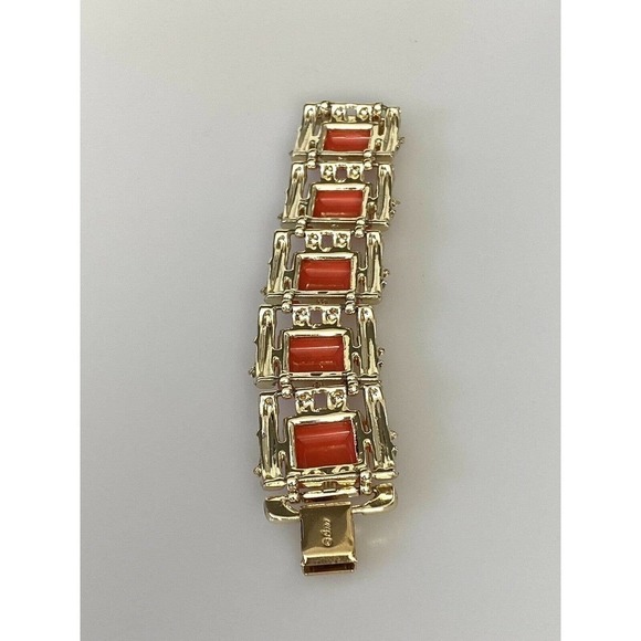 Coro Vintage Bracelet Coral Acrylic Inserts Gold Tone Linked 7” Signed - Picture 9 of 10